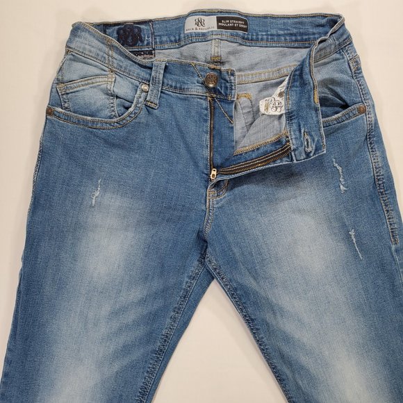 Rock and Republic Jeans Mens 34x32 Blue Denim Slim Straight Stretch Faded Grunge - Picture 6 of 16